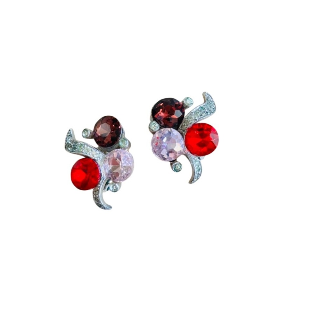 Vtg Joseph Mazer Jomaz Earrings Pink‎ Purple Rhinestone Silver High End designer